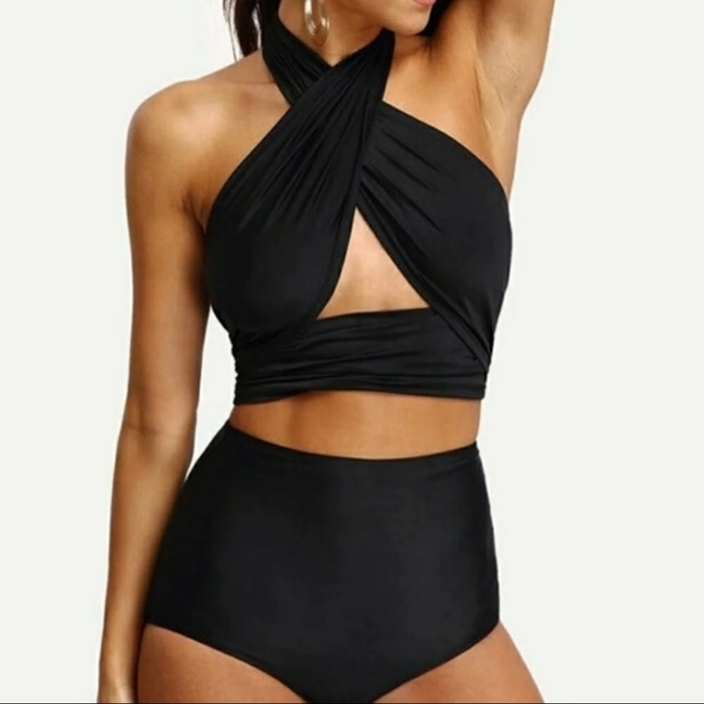 NWT black wrap top & high waisted bottoms swimsuit